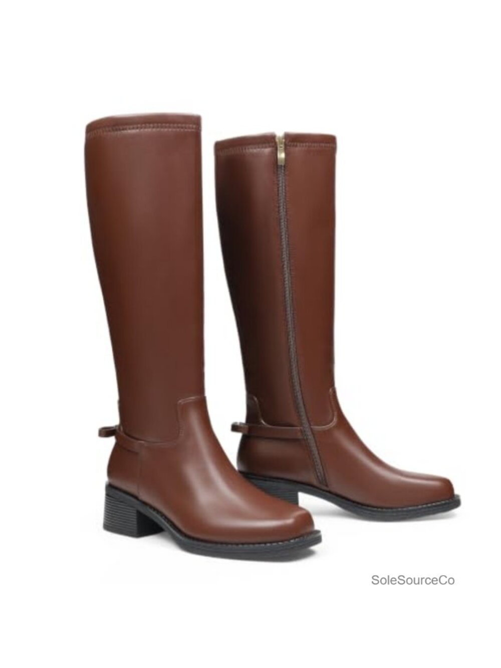 Block Heel Knee High Boots - Women's Faux Leather Square Toe Boots